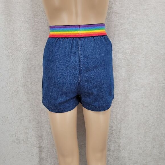 Moddy's Goose 70s 80s Vintage Blue Jean Denim Shorts with Rainbow Waistband - Picture 5 of 12